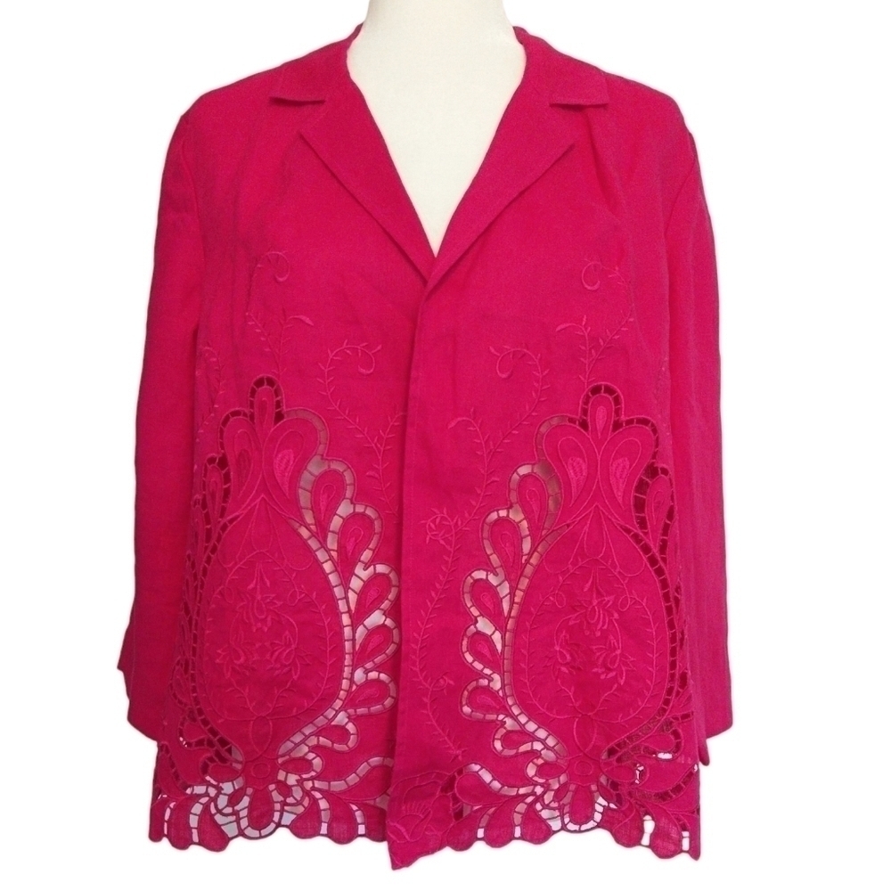 Chico's Cutwork Linen Blazer Hot Pink Open Front Floral Cutout Modern Barbiecore